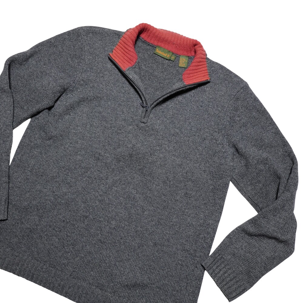 Timberland Sweater Mens L Gray 100% Lambswool 1/4 Zip Mock Neck Knit Pullover